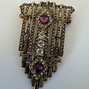 Vintage Gold-Tone Intricate Brooch with Purple Cabachons and Clear Rhinestones